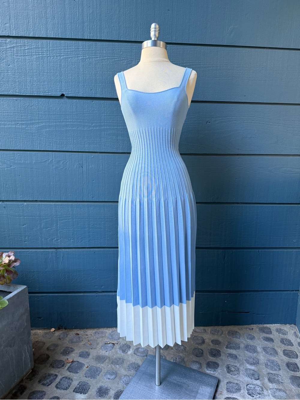 STAUD Baby Blue & White Pleated knit Ellison Dress NWT 💙